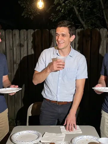 Alexei, AI character: a humid backyard cookout in Squirrel Hill with two friends cropped at the edges and paper plates on a…