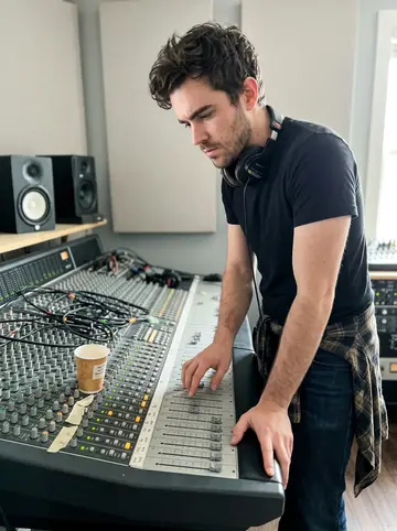 Tiernan, AI character: a small Nashville control room with a mixing console, cables, nearfield speakers and acoustic panels