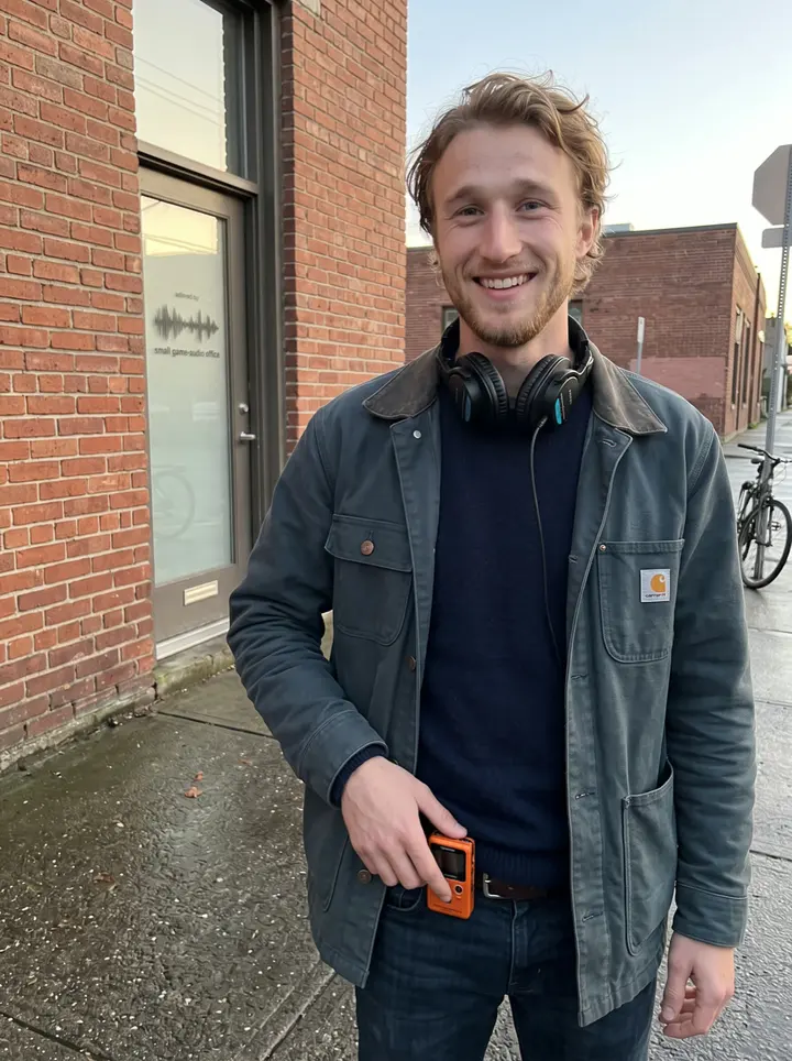 Ludvig, AI character: outside the small game-audio office after work, brick wall and wet Bergen-like street behind him