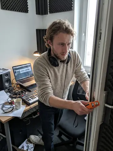 Ludvig, AI character: a cramped game-audio room with a laptop, small speakers, foam panels, cables, and a door set up for…