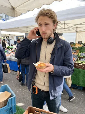 Ludvig, AI character: Saturday farmers market on a bright spring morning, fish stall and vegetable crates behind him
