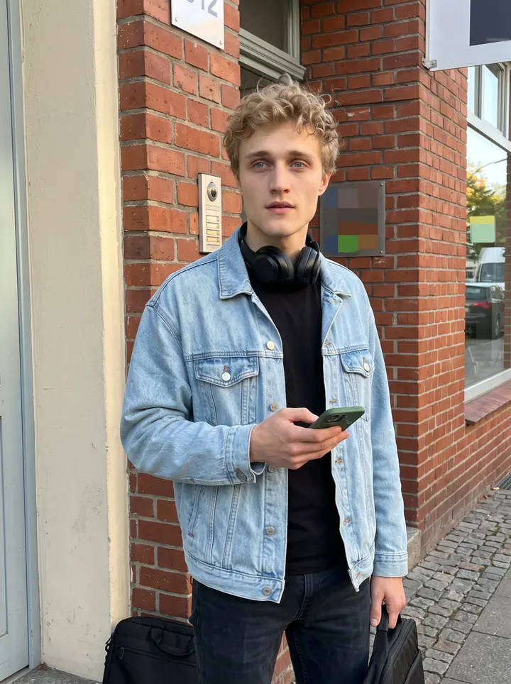Mariusz, AI character: outside a small Hamburg editing co-op near Sternschanze, standing by the brick doorway with his laptop bag…
