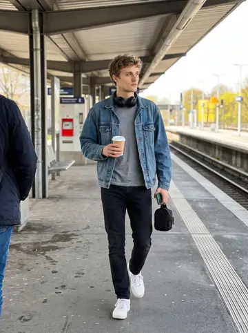 Mariusz, AI character: a Hamburg S-Bahn platform in late morning, yellow station signs blurred far behind him without readable text