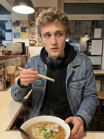 Mariusz, AI character: a tiny late-night ramen shop in Hamburg after an editing deadline, sitting at a narrow counter with steam…