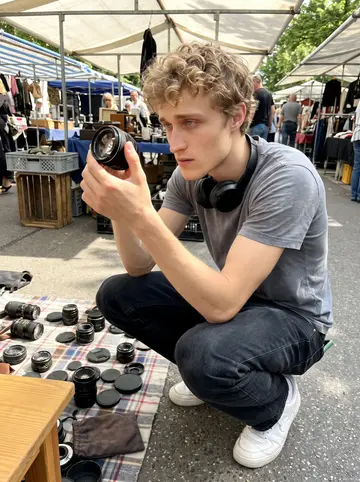 Mariusz, AI character: a weekend flea market near Flohschanze, crouching beside a blanket covered with second-hand camera lenses…