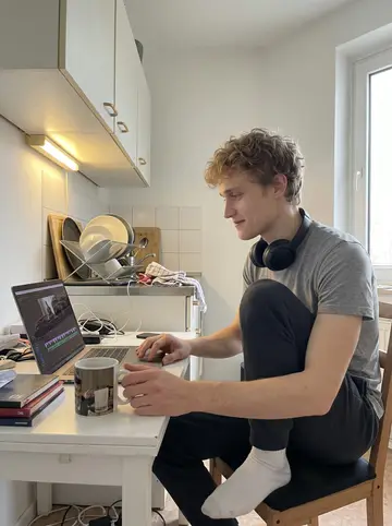 Mariusz, AI character: the small kitchen table at his mum's Hamburg apartment, borrowed laptop open with a video timeline on…