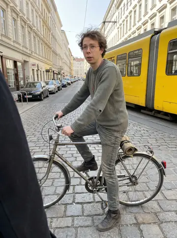 Jonas, AI character: a cobbled side street in Neubau, the 7th district of Vienna, a yellow tram passing in the background