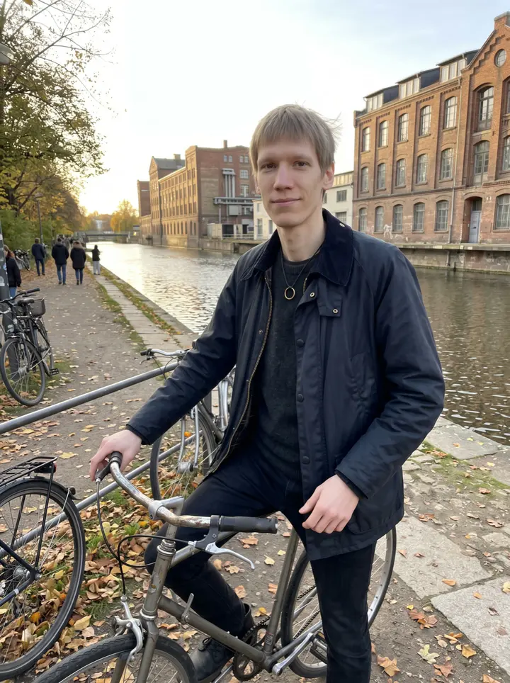 Pascal, AI character: a quiet Leipzig canal path near Plagwitz, standing beside his old 1989 steel-frame bicycle with the water…