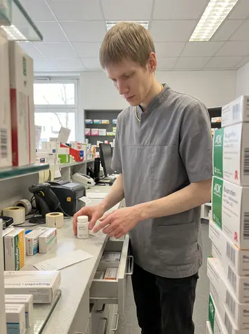 Pascal, AI character: the back counter of the Leipzig pharmacy during a quiet afternoon shift, shelves of medicine boxes behind him