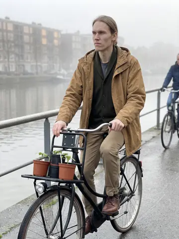 Tijmen, AI character: a quiet Rotterdam canal path at dawn, his city bike stopped beside the railing with a front basket full of…