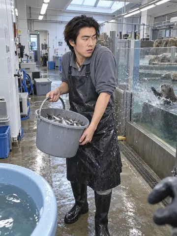 Shin, AI character: in the back-of-house fish prep room at the Vancouver Aquarium on a spring morning, white tiled wall behind him