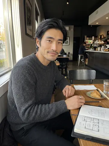 Kazuki, AI character: a quiet Vancouver cafe window table in Mount Pleasant, a black leather-bound sketchbook open beside a…