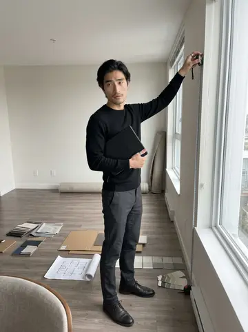 Kazuki, AI character: an unfurnished Vancouver condo living room with fabric swatches, a tape measure, cardboard sample boards…