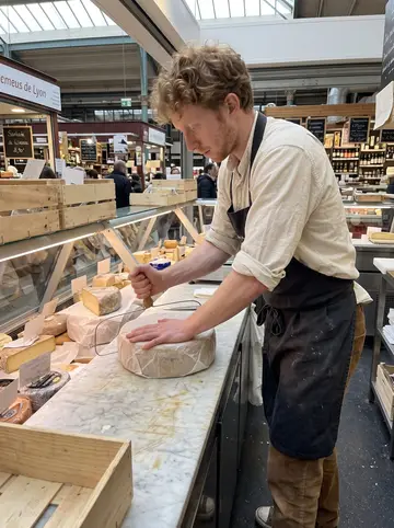 Pierrick, AI character: behind the cheese counter at Les Halles de Lyon, marble counter, wooden crates, wrapped wheels, paper tags…
