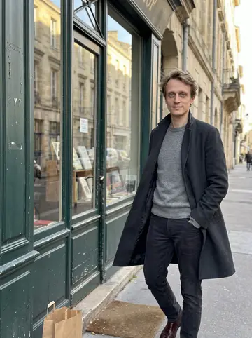 Jérôme, AI character: outside his second-hand bookshop on a quiet Bordeaux street, leaning against the dark green shopfront…