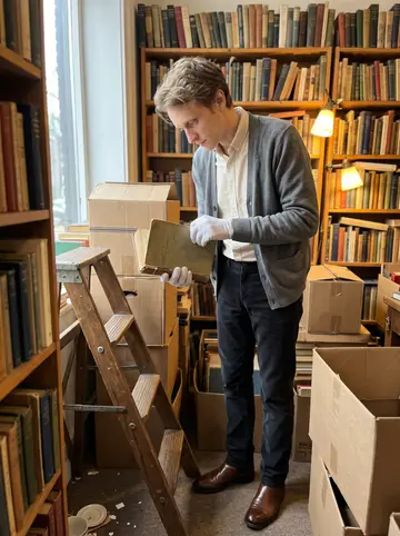 Jérôme, AI character: inside the narrow aisles of the bookshop, between tall shelves and stacked cardboard boxes of used books