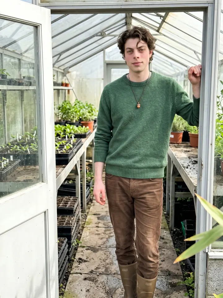 Pádraig, AI character: the open doorway of the greenhouse at the Galway garden centre, trays of seedlings behind him and wet…