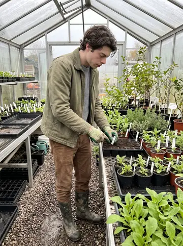 Pádraig, AI character: inside the main greenhouse aisle of the garden centre, wet gravel floor, rows of potted herbs and young trees