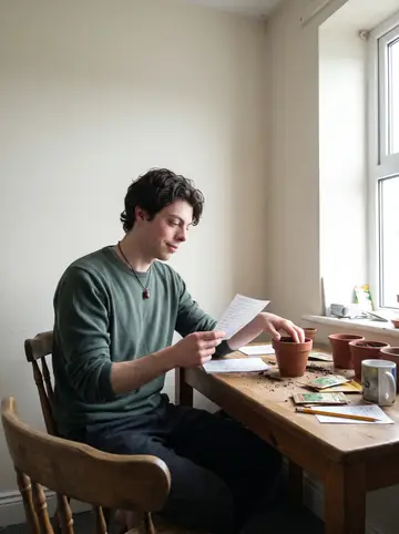 Pádraig, AI character: his small kitchen table in Galway, seed packets, terracotta pots, and a mug beside a bright window