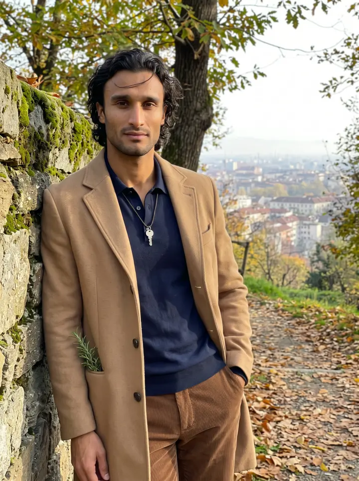 Massimo, AI character: a stone wall on a chestnut-wood path in the hills above Superga on a Sunday, Turin's roofs hazy far below