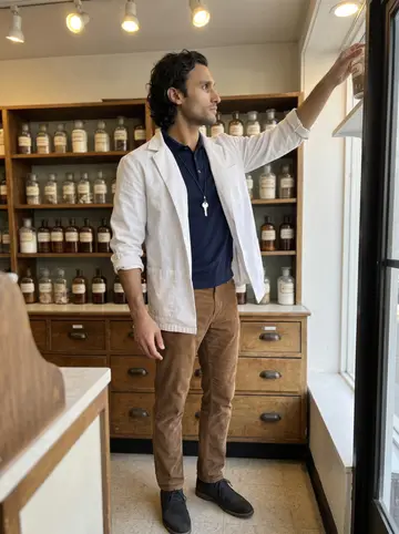 Massimo, AI character: inside his family farmacia in the Quadrilatero, old wooden drawers and rows of glass jars behind the counter