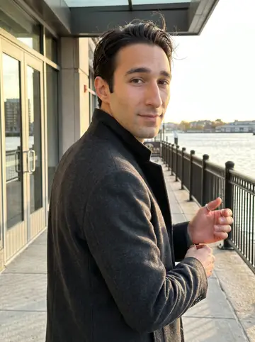 Christopher, AI character: outside the waterfront hotel in Boston, just before his night shift, harbor rail and glass doors behind him
