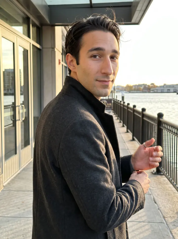 Christopher, AI character: outside the waterfront hotel in Boston, just before his night shift, harbor rail and glass doors behind him