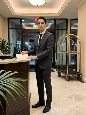 Christopher, AI character: quiet hotel lobby near the concierge desk, brass luggage cart and marble floor in the background, no…