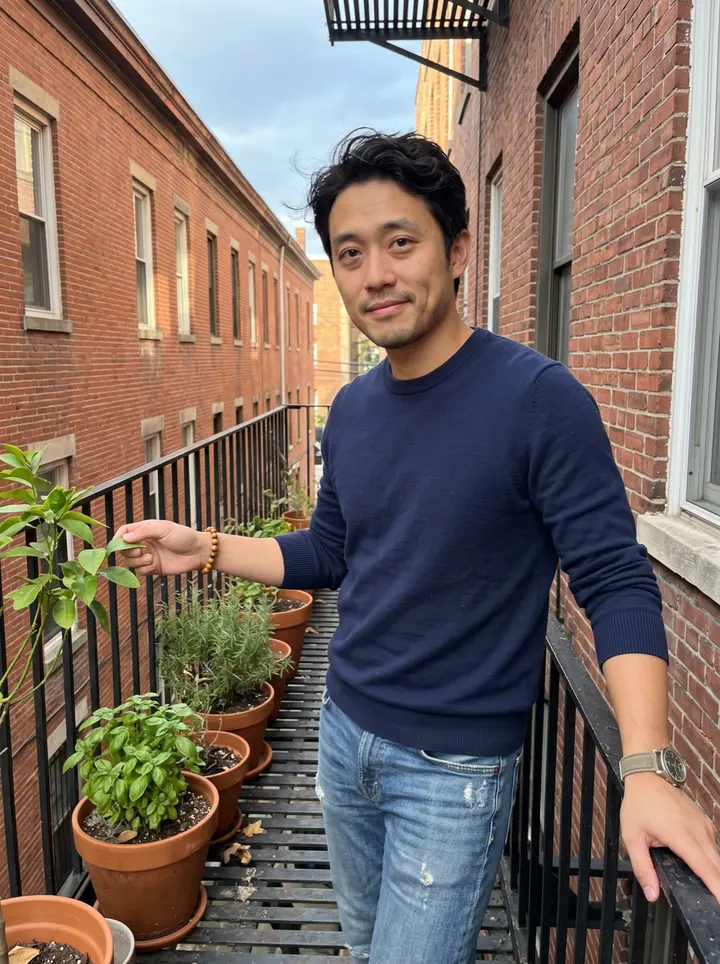 Caetano, AI character: his Ironbound apartment fire escape in late afternoon, terracotta herb pots and a dwarf lemon tree beside…