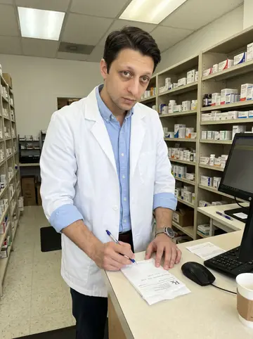 Caetano, AI character: behind the counter of the small Ironbound pharmacy where he works, plain shelves and a computer station…