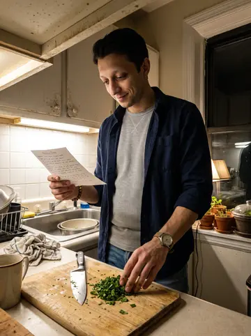 Caetano, AI character: his small Newark apartment kitchen at night, herb pots on the windowsill and a covered lemon tree just…