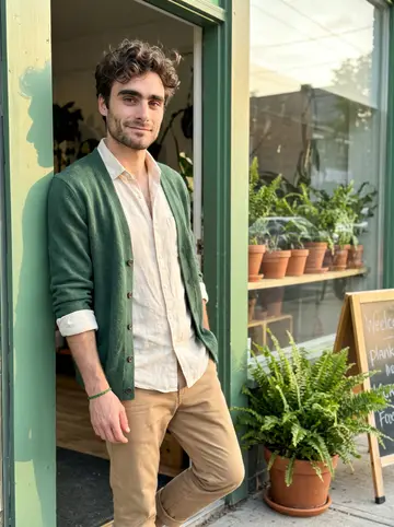 Mohammad, AI character: outside his small Toronto plant shop after closing, leaning against the green-painted door with potted…