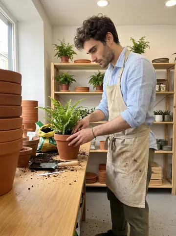 Mohammad, AI character: inside his plant shop near the repotting bench, shelves of small ferns and terracotta pots behind him