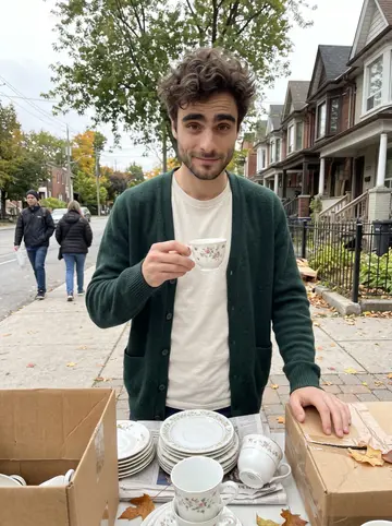 Mohammad, AI character: a Toronto yard sale table with mismatched teacups, cardboard boxes, and autumn leaves on the sidewalk