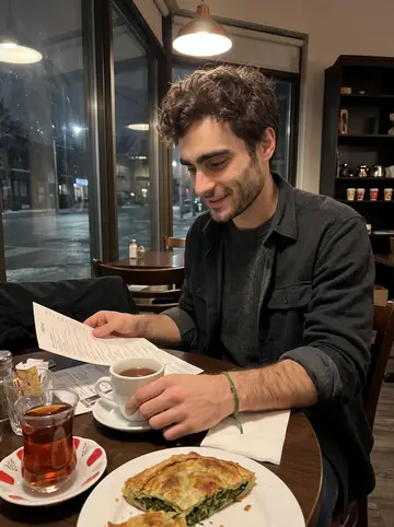 Mohammad, AI character: a small Albanian café in Toronto, a plate of spinach byrek and two mismatched tea glasses on the table
