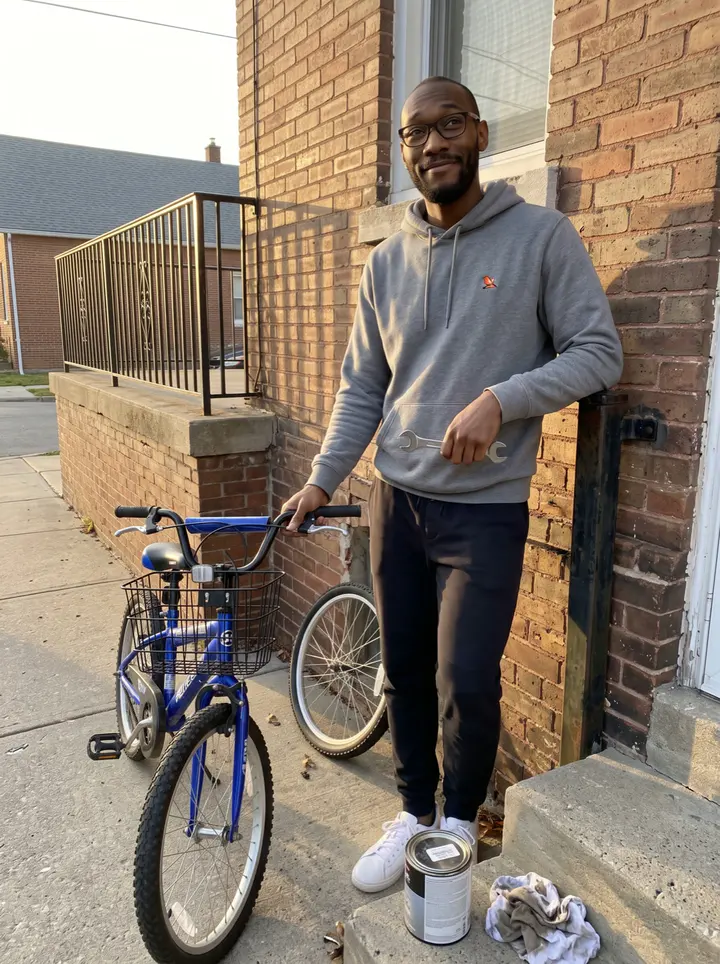Omari, AI character: the front stoop of his brick rowhouse in West Baltimore, a half-repaired blue kids' bike leaning on the…