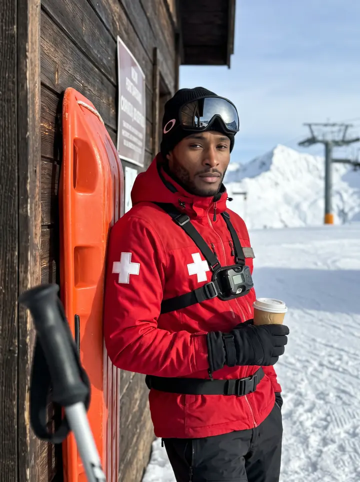 Moritz, AI character: outside the wooden ski patrol hut near the top of Breckenridge, packed snow, rescue toboggan propped on…