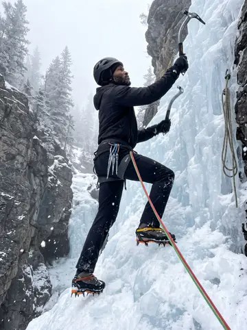 Moritz, AI character: frozen blue-white waterfall in the Ouray Ice Park canyon, rock walls and frosted pines