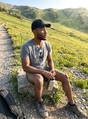 Moritz, AI character: rocky alpine trail above Breckenridge in summer, wildflowers and green slopes, ski runs visible as grassy…