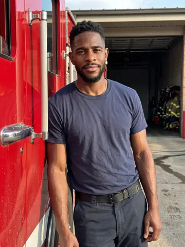 DeShawn, AI character: outside a Memphis fire station at golden hour, leaning against the open side of a red fire engine parked…