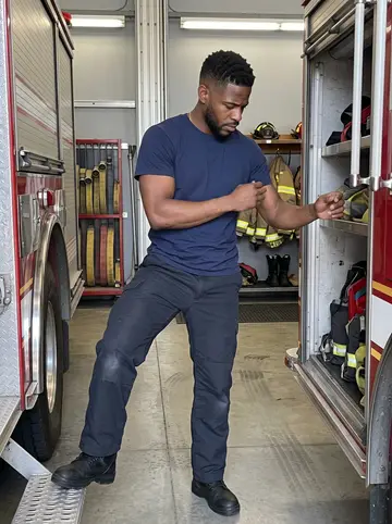 DeShawn, AI character: inside the apparatus bay during a quiet midday equipment check, hoses and turnout gear stacked neatly…
