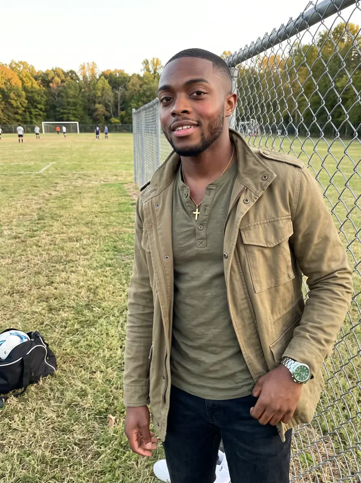Babatunde, AI character: a Decatur public soccer field after Sunday pickup with other veterans, chain-link fence and worn grass…