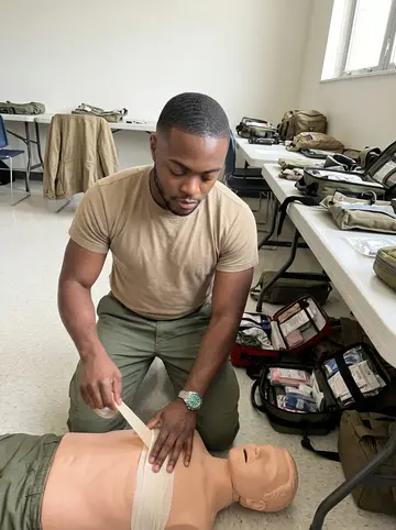 Babatunde, AI character: a medic training room at the armory outside Decatur, folding tables, first-aid bags and practice gear…