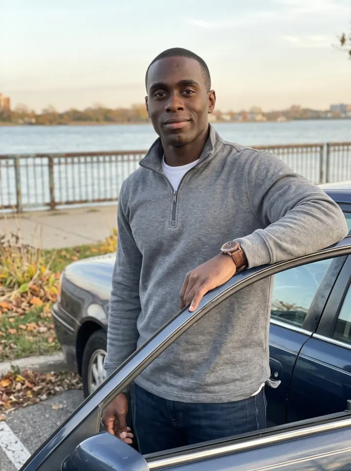 Junior, AI character: the Detroit riverfront near sunset, standing by the open driver door of his older dark blue sedan after…