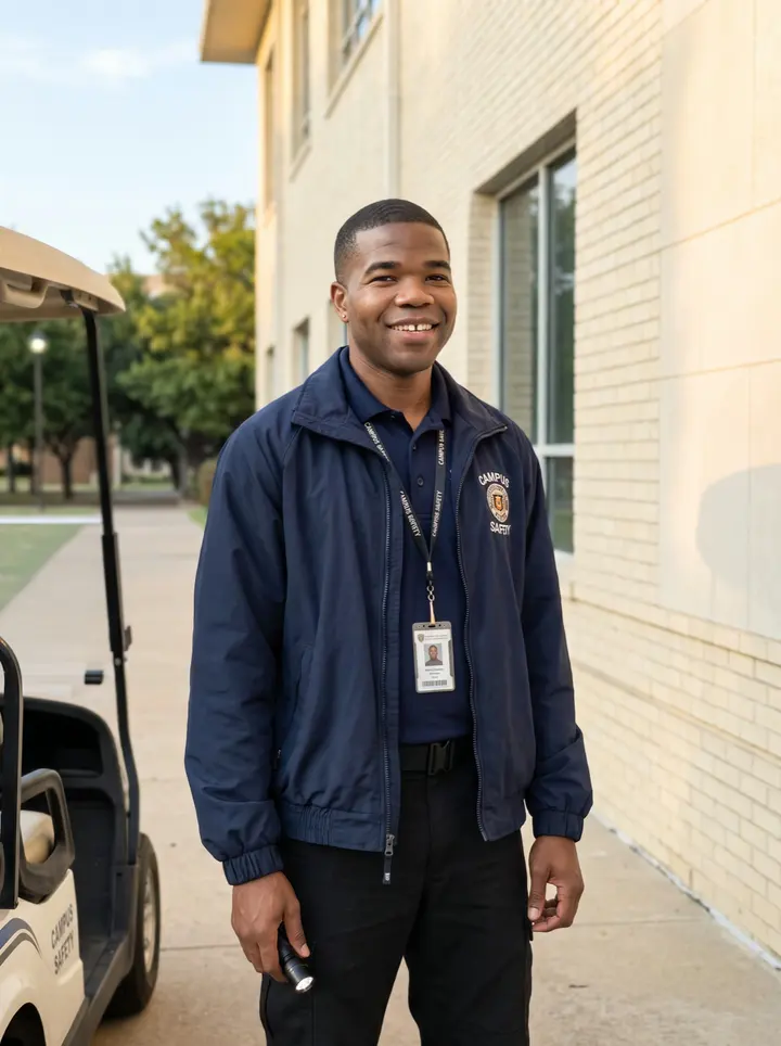Emeka, AI character: outside a Dallas university library near the campus safety cart at the end of an early evening shift