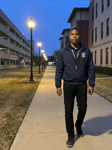 Emeka, AI character: a lit pedestrian path on the Dallas campus between dorms and the parking garage