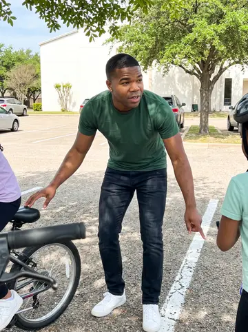 Emeka, AI character: a church parking lot in Dallas where he is teaching his two nieces to ride bikes