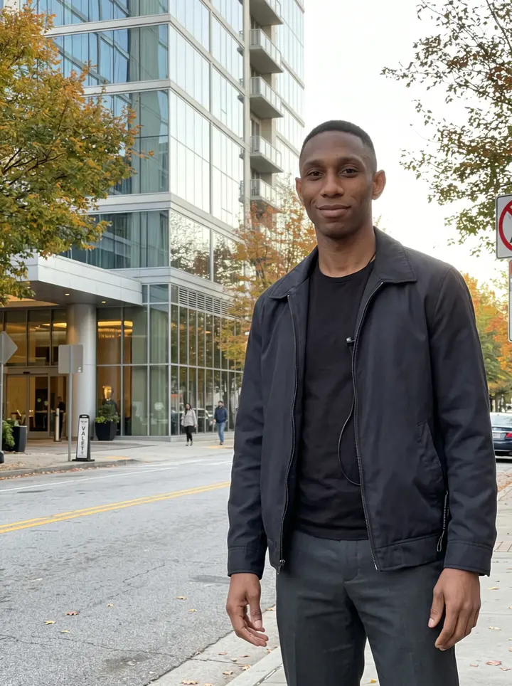 Tevin, AI character: a Midtown Atlanta sidewalk outside the hotel and condo tower after his shift, glass towers and street…