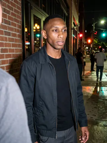 Tevin, AI character: outside a busy Midtown bar near closing time, standing beside the valet lane while people wait for rides