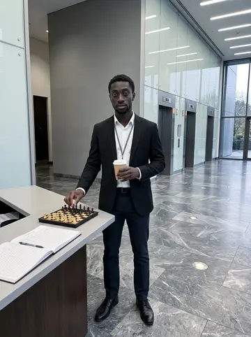 Ifeanyi, AI character: the lobby security desk of the downtown glass tower, marble floor and elevator bank behind him